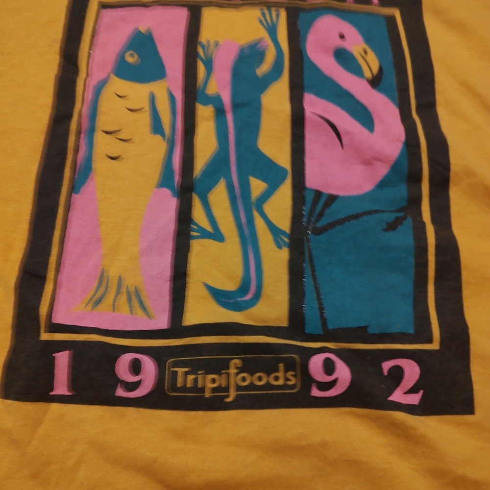 Vintage 1992 Hanes Cancun Tropifoods T-Shirt Yellow Large 90s Single Stitch USA